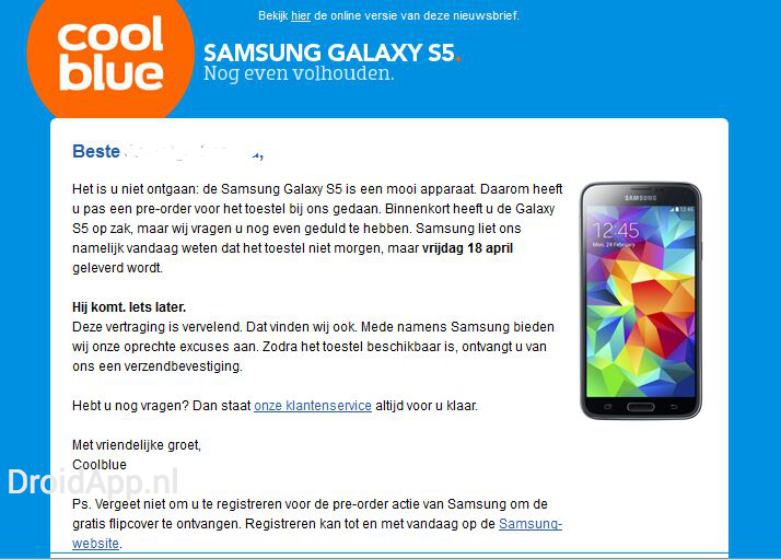 Coolblue Galaxy S5 vertraging