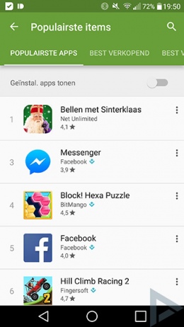 Google Play Store Interface hitlijsten