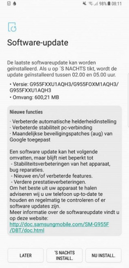 Galaxy S8 beveiligingsupdate augustus 2017