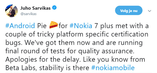 Nokia 7 Plus Android Pie vertraagd