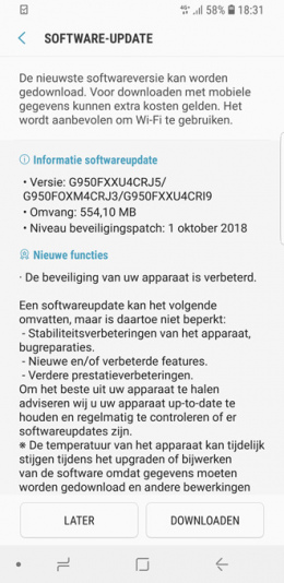 Galaxy S8 beveiligingsupdate oktober 2018