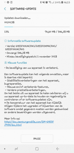 Galaxy S8 beveiligingsupdate november 2018