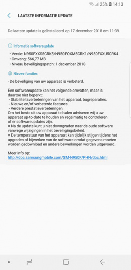 Galaxy Note 8 beveiligingsupdate december 2018