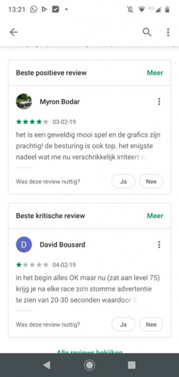Google Play Store review weergave