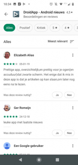 Google Play Store review weergave