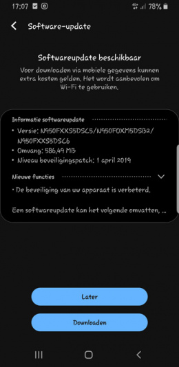 Samsung galaxy Note 8 beveiligingsupdate april 2019