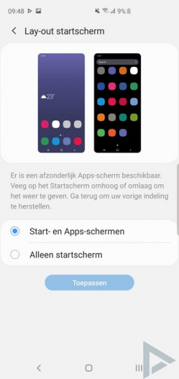 Galaxy S10 lay-out startscherm menu