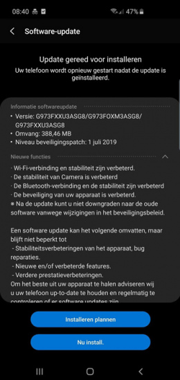 Samsung Galaxy S10 beveiligingsupdate juli 2019