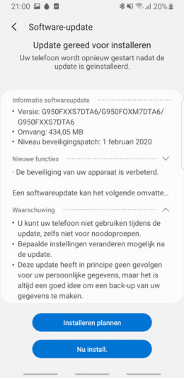 Galaxy S8 beveiligingsupdate februari 2020