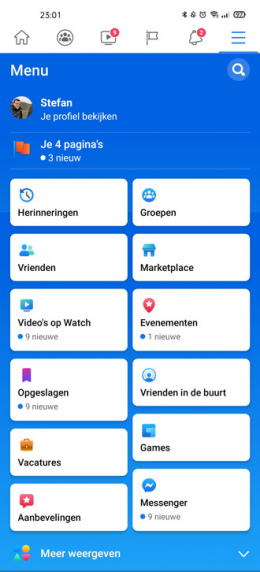 Facebook blauw instellingen menu