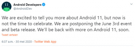 Android Beta Launch show uitstel tweet