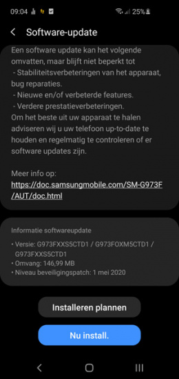 Galaxy S10 beveiligingsupdate mei 2020