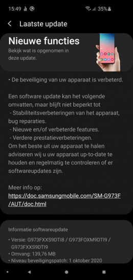 Samsung Galaxy S10 oktober update