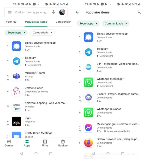 Populariteit apps Play Store