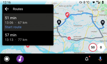 Flitsmeister Android Auto routeoverzicht