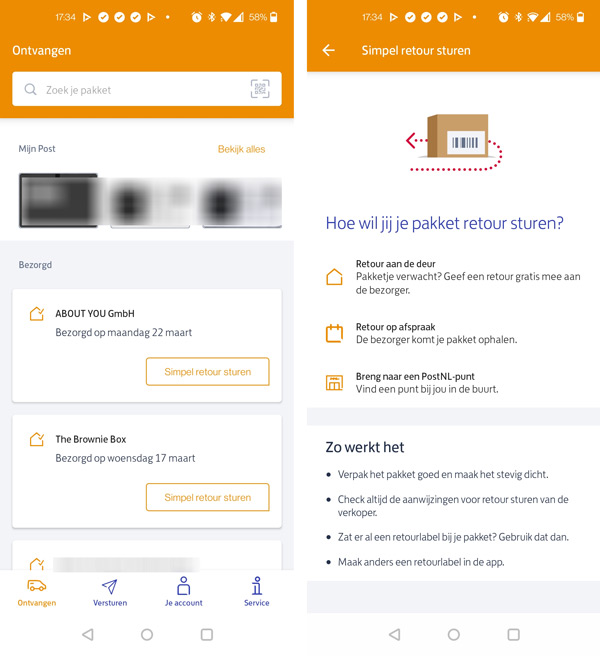 PostNL app je met snel retour sturen een pakket