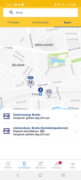 NS app P+R live vrije parkeerplaatsen