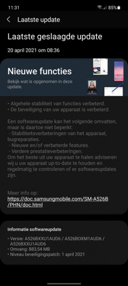 Samsung Galaxy A52 beveiligingsupdate april 2021