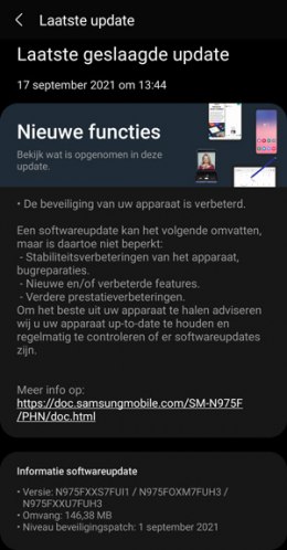 Galaxy Note 10 beveiligingsupdate september 2021