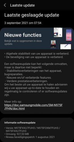 Samsung Galaxy Note 10 augustus 2021 update