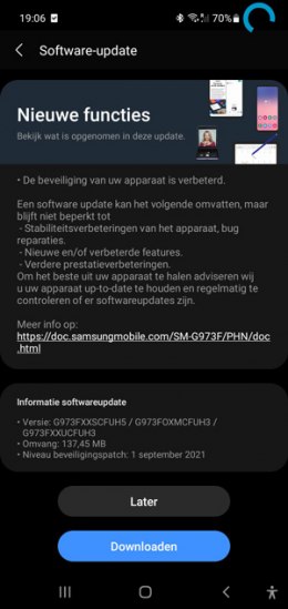 Samsung galaxy S10 beveiligingsupdate september 2021