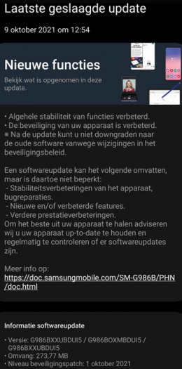 Galaxy S20 beveiligingsupdate oktober 2021