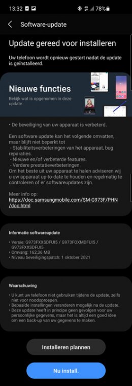 Samsung Galaxy S10-serie beveiligingsupdate oktober 2021