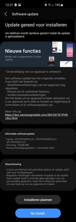 Samsung Galaxy S10 beveiligingsupdate november 2021