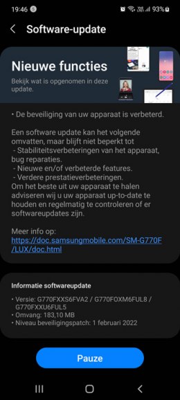 Samsung Galaxy S10 Lite beveiligingsupdate februari 2022