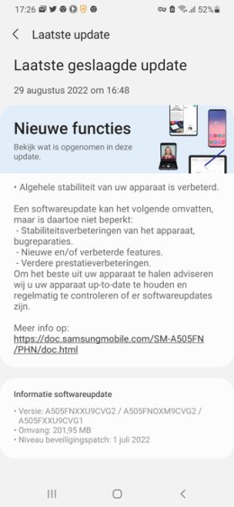 Galaxy A50 beveiligingsupdate juli