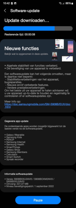 Samsung Galaxy S22 september update