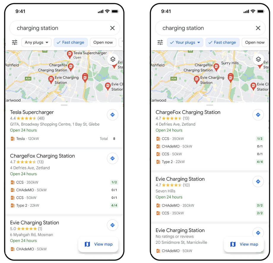 Google Maps charging stations