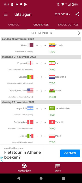 Uitslagen voor WK voetbal 2022 app