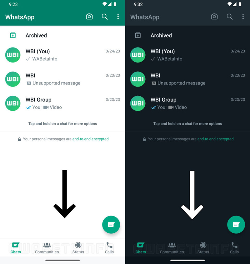 WhatsApp navigatiebalk onderin