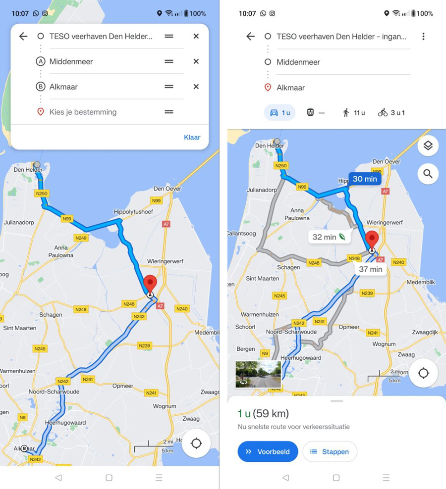 Google Maps routeplanner interface