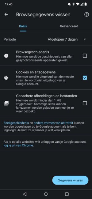 Google Chrome Android verwijder cookies