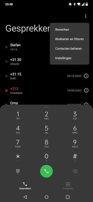 Telefoon app menu