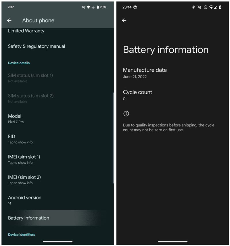 Android 14 QPR1 batterij informatie laadcycli