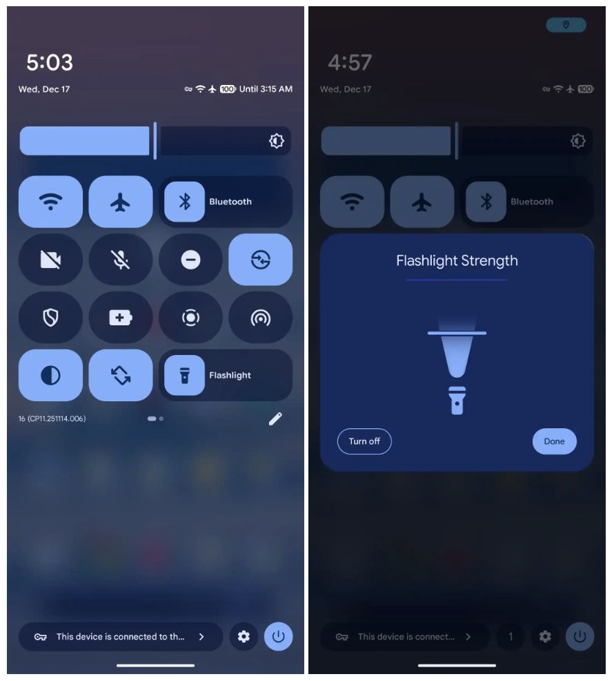 Android 16 QPR3 beta 1 zaklamp