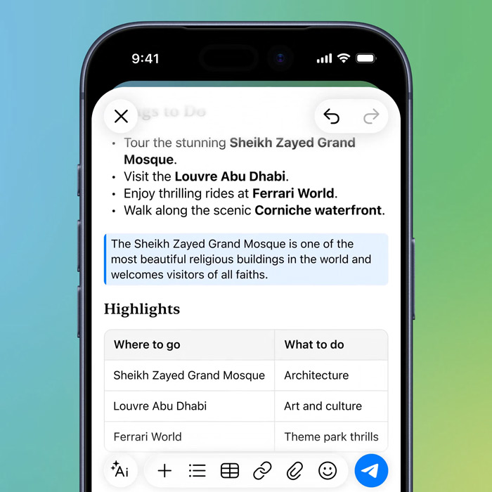 Telegram rich text editor