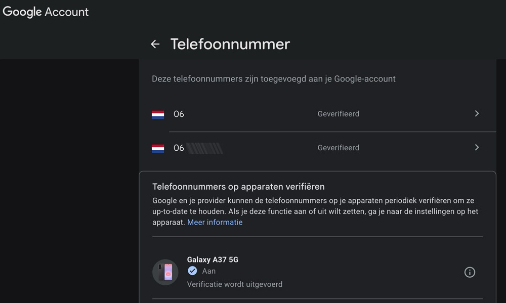 Google account telefoonnummer